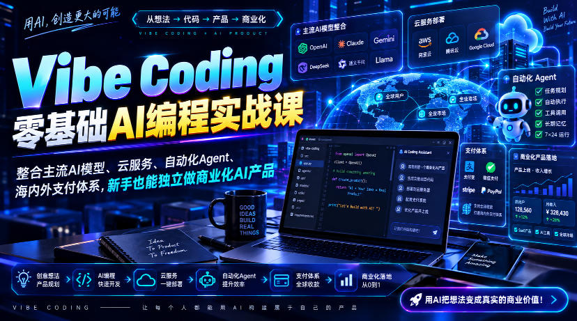 Vibe Coding零基础AI编程实战课-无水印,整合主流AI模型、云服务、自动化Agent、海内外支付体系,新手也能独立做商业化AI产品-资源宝库
