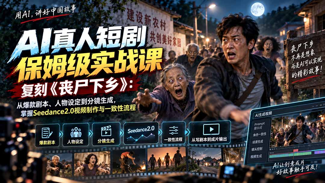 AI真人短剧保姆级实战课,复刻《丧尸下乡》:从爆款剧本、人物设定到分镜生成,掌握Seedance2.0视频制作与一致性流程-资源宝库