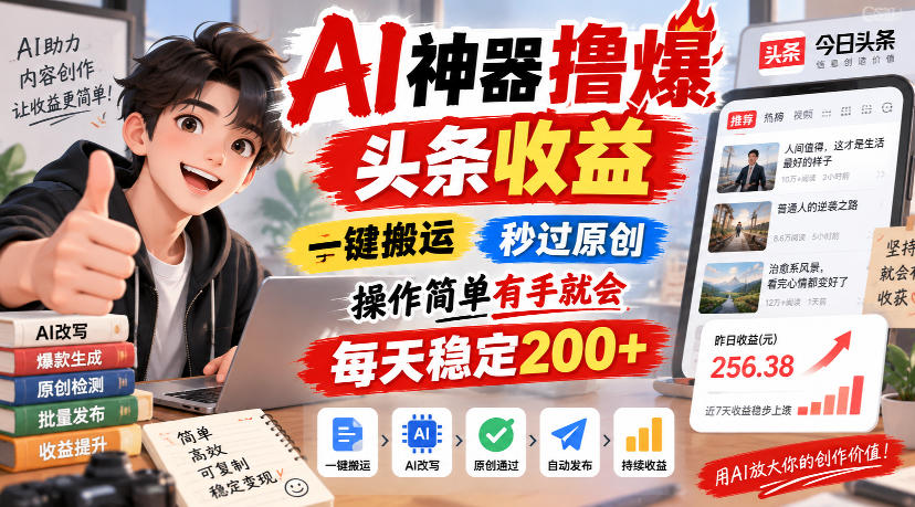 AI神器撸爆头条收益，一键搬运，秒过原创，操作简单有手就会，每天稳定200+【揭秘】-资源宝库