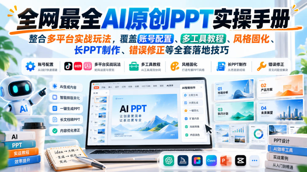 全网最全AI原创PPT实操手册,整合多平台实战玩法,覆盖账号配置、多工具教程、风格固化、长PPT制作、错误修正等全套落地技巧-资源宝库