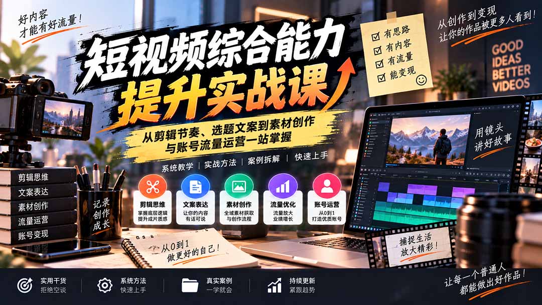 短视频综合能力提升实战课:从剪辑节奏、选题文案到素材创作与账号流量运营一站掌握-资源宝库