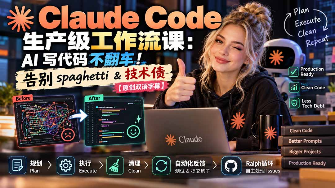Claude Code 生产级工作流课:AI 写代码不翻车!告别 spaghetti & 技术债【原创双语字幕】-资源宝库