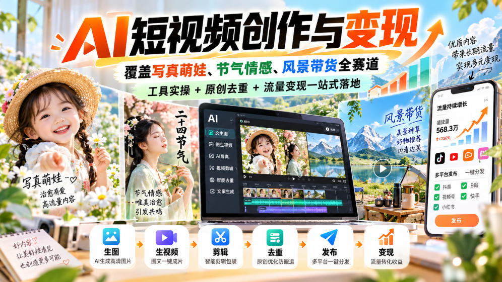AI短视频创作与变现，覆盖写真萌娃、节气情感、风景带货全赛道，工具实操+原创去重+流量变现一站式落地-资源宝库