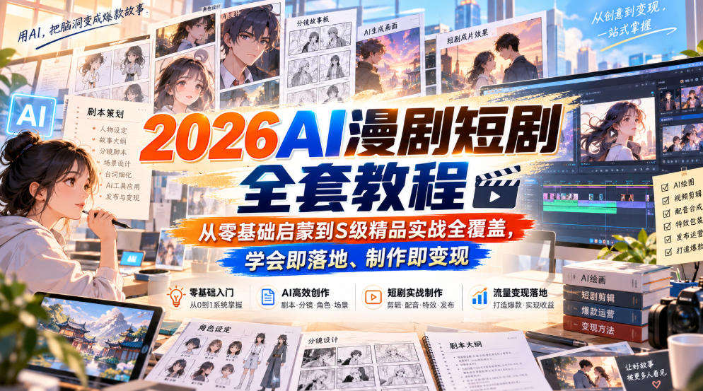 2026AI漫剧短剧全套教程,从零基础启蒙到S级精品实战全覆盖,学会即落地、制作即变现-资源宝库
