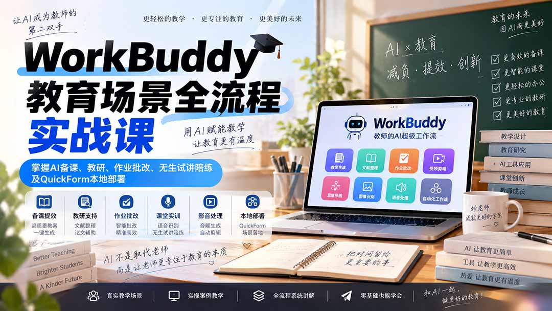WorkBuddy教育场景全流程实战课：掌握AI备课、教研、作业批改、无生试讲陪练及QuickForm本地部署-资源宝库
