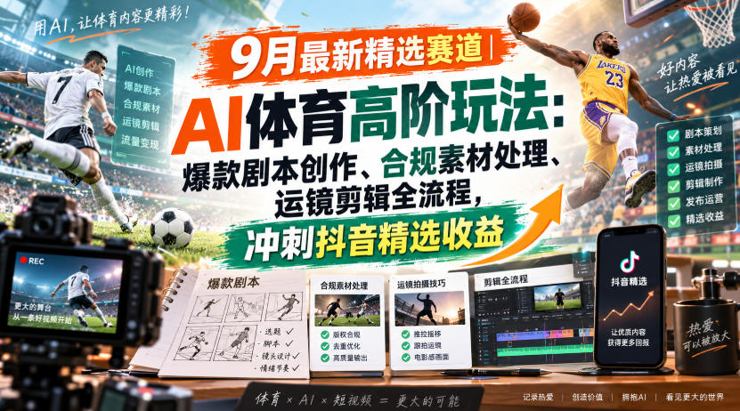某大佬的9月最新精选赛道之AI体育顶级玩法，爆款剧本创作、版权规避、运镜剪辑全流程，稳拿抖音精选收益-资源宝库