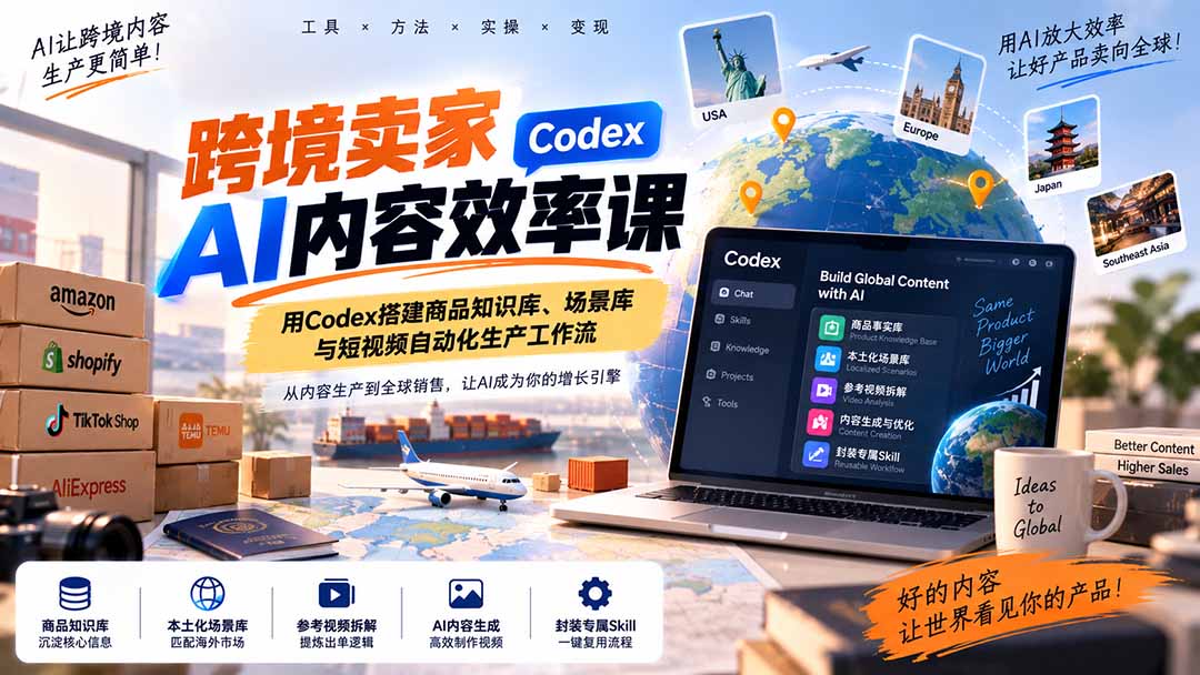 跨境卖家AI内容效率课:用Codex搭建商品知识库、场景库与短视频自动化生产工作流-资源宝库