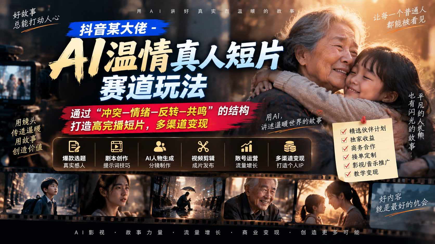抖音某大佬-AI温情真人短片赛道玩法:通过“冲突—情绪—反转—共鸣”的结构打造高完播短片,多渠道变现-资源宝库
