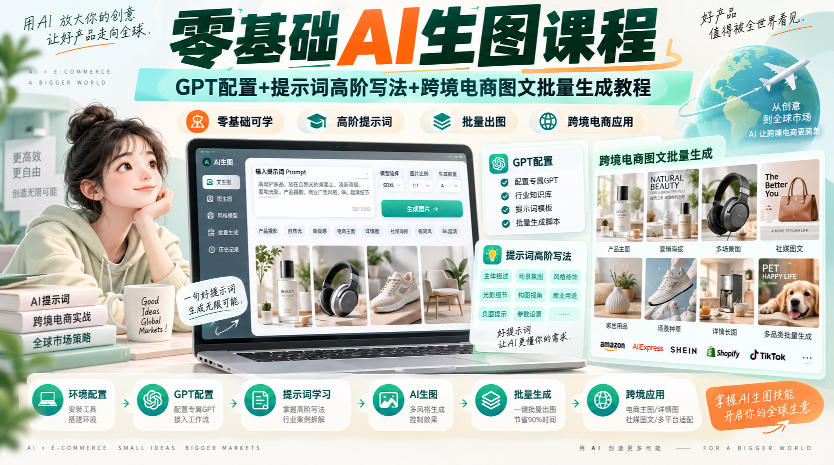 零基础AI生图课程，GPT配置+提示词高阶写法+跨境电商图文批量生成教程-资源宝库