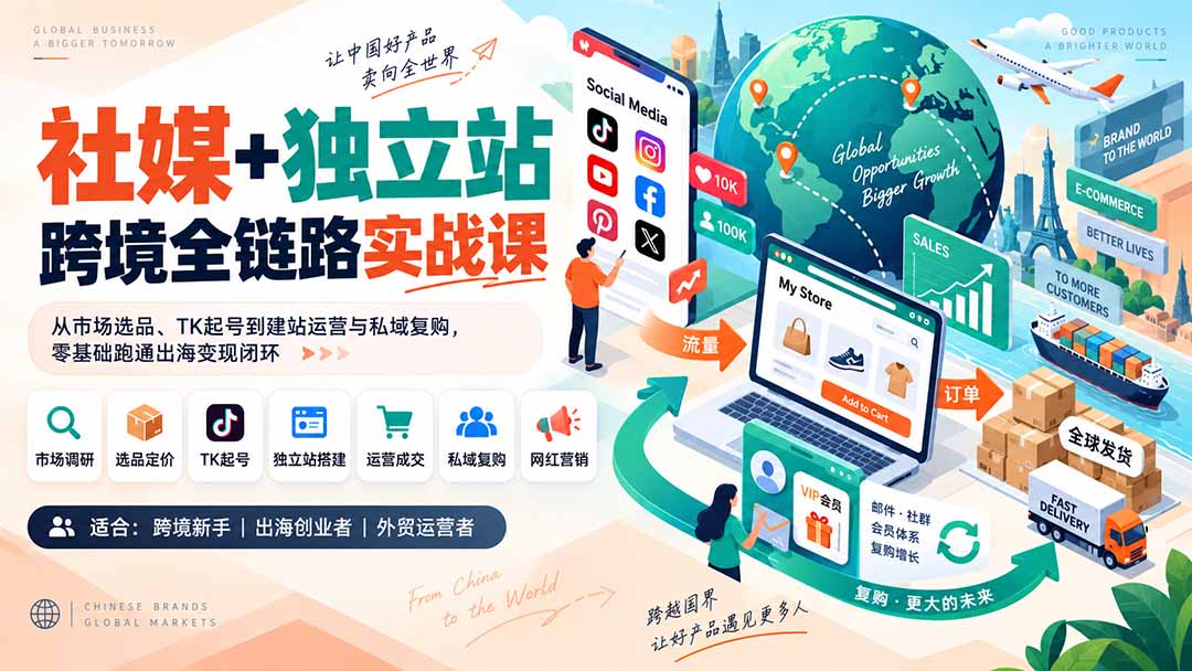社媒+独立站跨境全链路实战课:从市场选品、TK起号到建站运营与私域复购,零基础跑通出海变现闭环-资源宝库