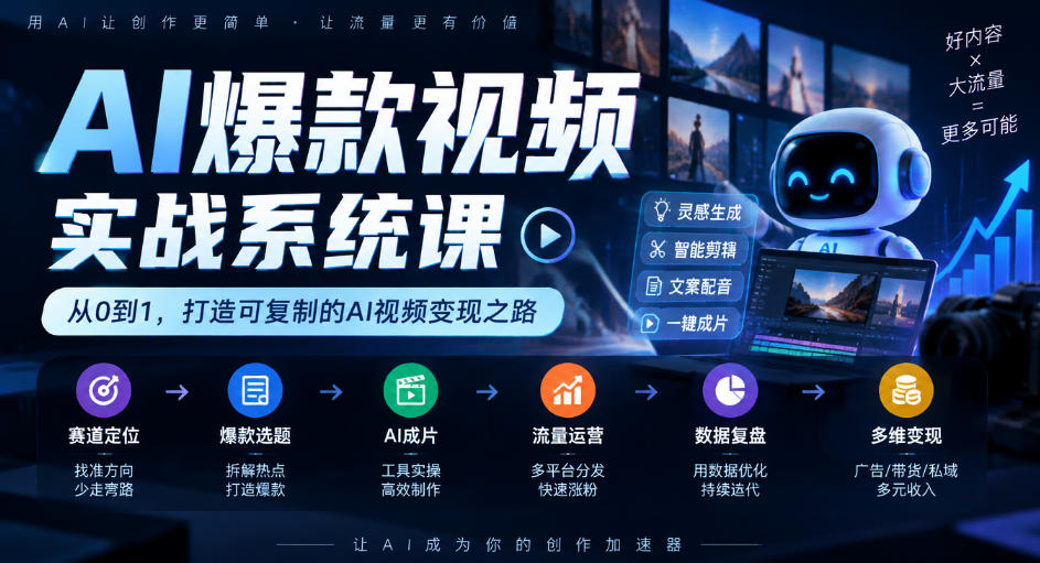 AI爆款视频实战系统课｜赛道定位、爆款选题、AI成片、流量运营、数据复盘、多维变现全链路教学-资源宝库