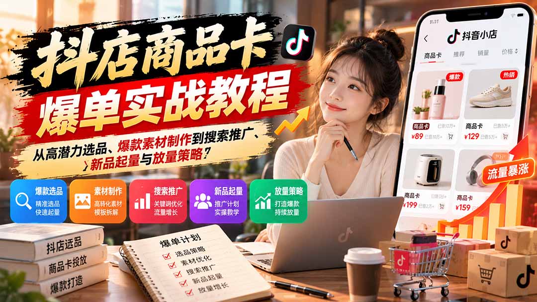 抖店商品卡爆单实战教程:从高潜力选品、爆款素材制作到搜索推广、新品起量与放量策略-资源宝库