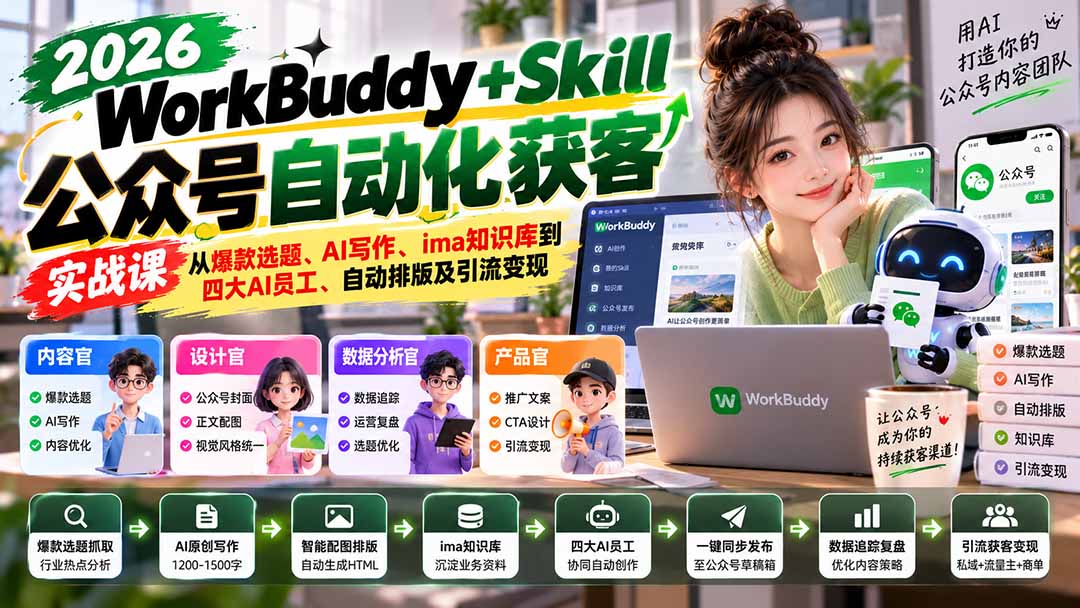 WorkBuddy + Skill公众号自动化获客实战课:从爆款选题、AI写作、ima知识库到四大AI员工、自动排版及引流变现-资源宝库