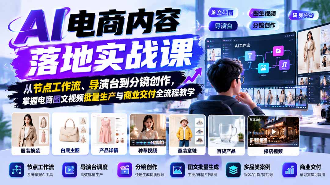 AI电商内容落地实战课：从节点工作流、导演台到分镜创作，掌握电商图文视频批量生产与商业交付全流程教学-资源宝库
