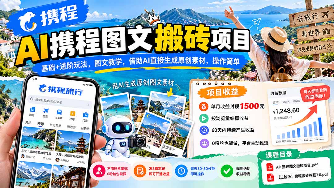 AI携程图文搬砖项目,基础+进阶玩法,图文教学,借助AI直接生成原创素材,操作简单-资源宝库