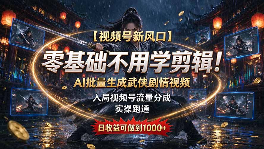 【视频号新风口】零基础不用学剪辑！AI 批量生成武侠剧情视频，入局视频号流量分成，实操跑通，日收益可做到 1000+-资源宝库