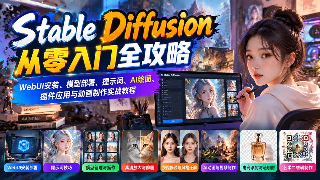Stable Diffusion从零入门全攻略：WebUI安装、模型部署、提示词、AI绘图、插件应用与动画制作实战教程-资源宝库