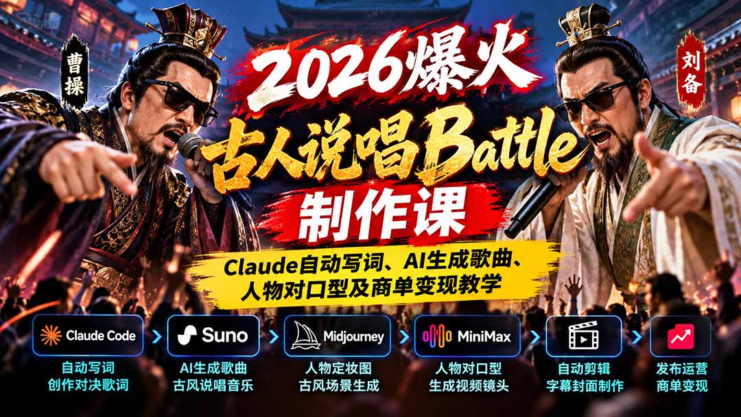 2026爆火古人说唱Battle制作课：Claude自动写词、AI生成歌曲、人物对口型及商单变现教学-资源宝库