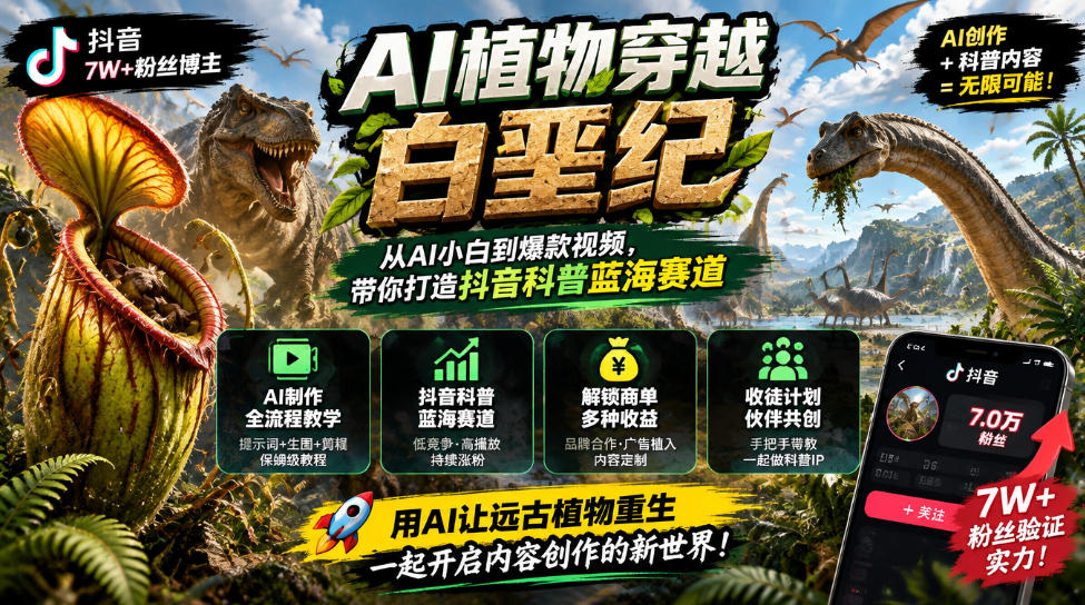 抖音7W粉丝博主的AI植物穿越白垩纪教学,抖音科普蓝海赛道,解锁商单收徒伙伴计划等多种收益-资源宝库