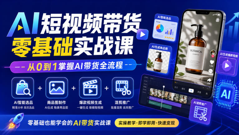 AI短视频带货零基础实战课|AI智能选品+商品图制作+爆款视频生成+混剪推广,从0到1掌握AI带货全流程-资源宝库