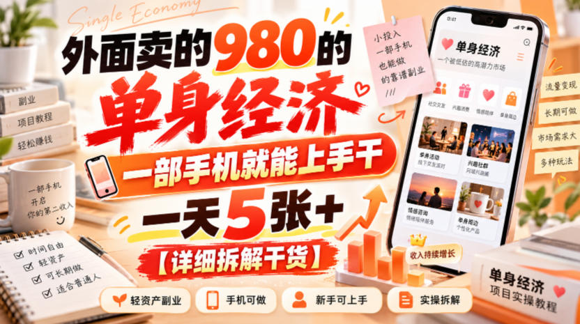 外面卖的980的单身经济,一部手机就能上手干,一天5张+【详细拆解干货】-资源宝库