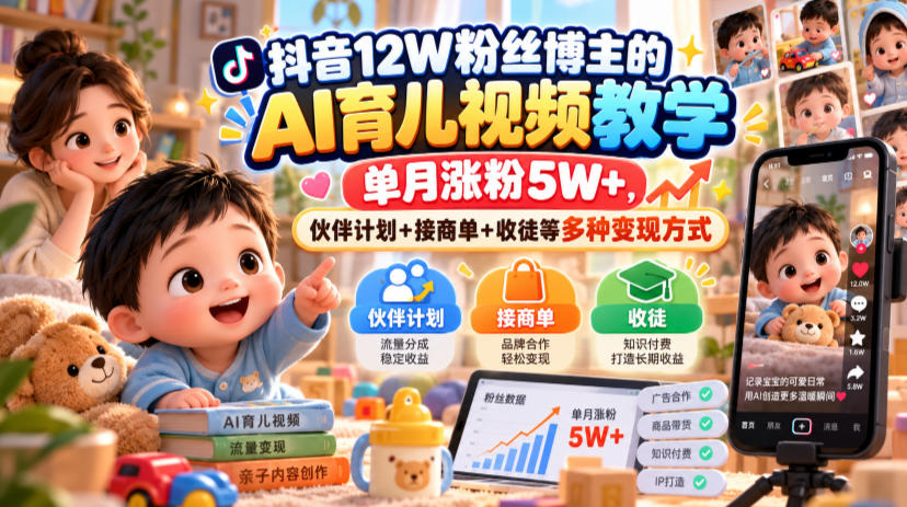 抖音12W粉丝博主的AI育儿视频教学，单月涨粉5W+，伙伴计划+接商单+收徒等多种变现方式-资源宝库