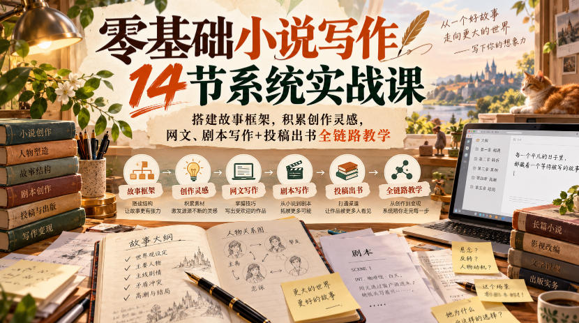 零基础小说写作14节系统实战课，搭建故事框架，积累创作灵感，网文、剧本写作+投稿出书全链路教学-资源宝库