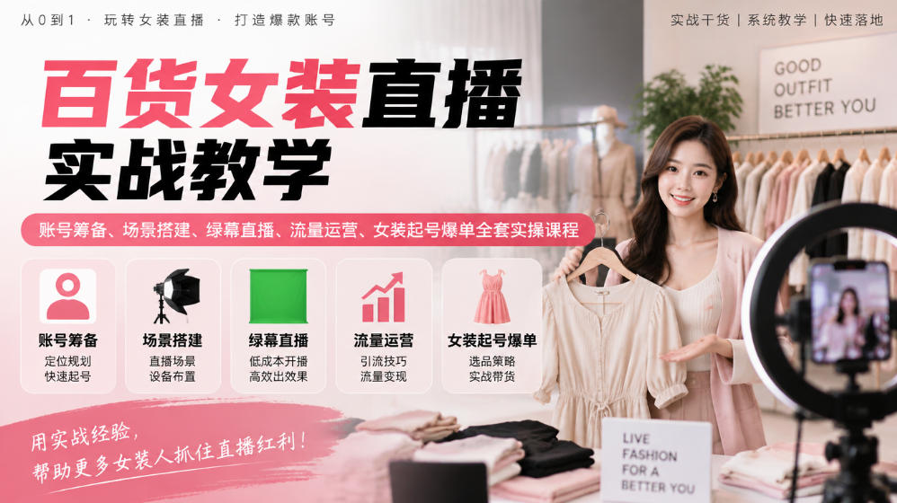 百货女装直播实战教学|账号筹备、场景搭建、绿幕直播、流量运营、女装起号爆单全套实操课程-资源宝库