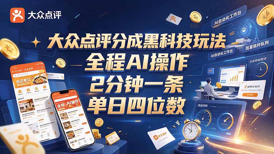 大众点评分成全网独家玩法，AI 全自动出内容，2 分钟一条，小白可冲单日四位数-资源宝库