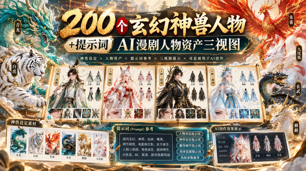 200个玄幻神兽人物+提示词ai漫剧人物资产三视图-资源宝库