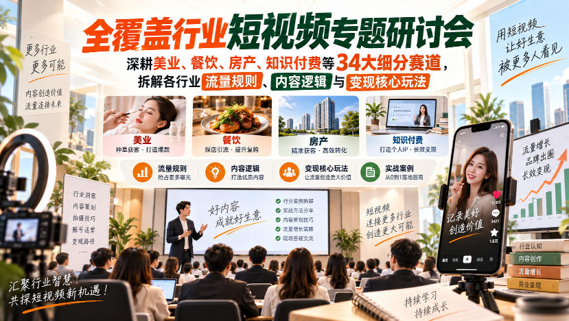 短视频专题研讨会,深耕美业、餐饮、房产、知识付费等34大细分赛道,拆解各行业流量规则、内容逻辑与变现核心玩法(更新1011)-资源宝库