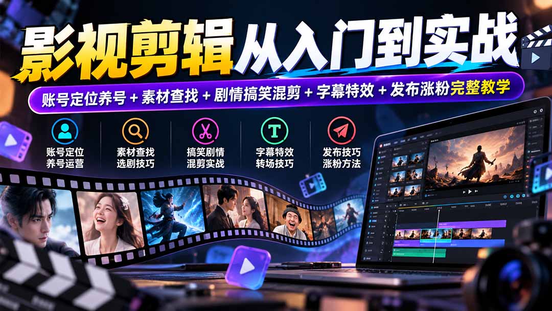 影视剪辑从入门到实战：账号定位养号+素材查找+剧情搞笑混剪+字幕特效+发布涨粉完整教学-资源宝库