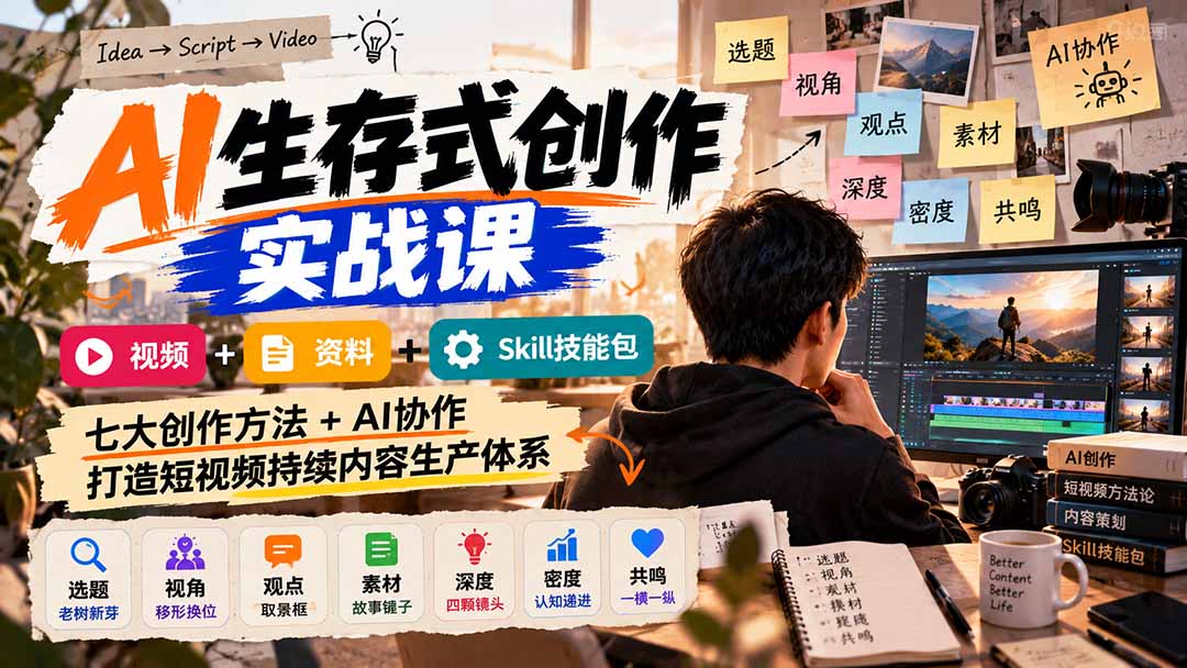 AI生存式创作实战课：视频+资料+Skill技能包，七大创作方法+AI协作，打造短视频持续内容生产体系-资源宝库