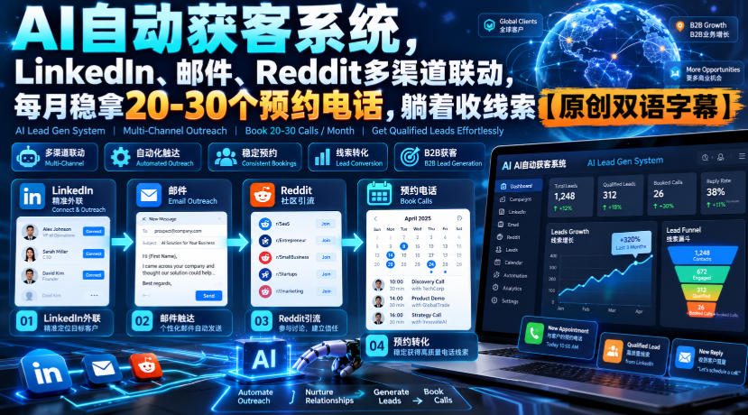【无水印】AI自动获客系统，LinkedIn、邮件、Reddit多渠道联动，每月稳拿20-30个预约电话，躺着收线索【原创双语字幕】-资源宝库