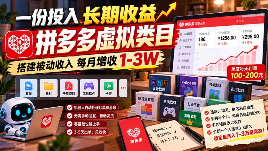 一份投入长期收益，拼多多虚拟类目，搭建被动收入每月增收 1-3W-灼光资源宝库