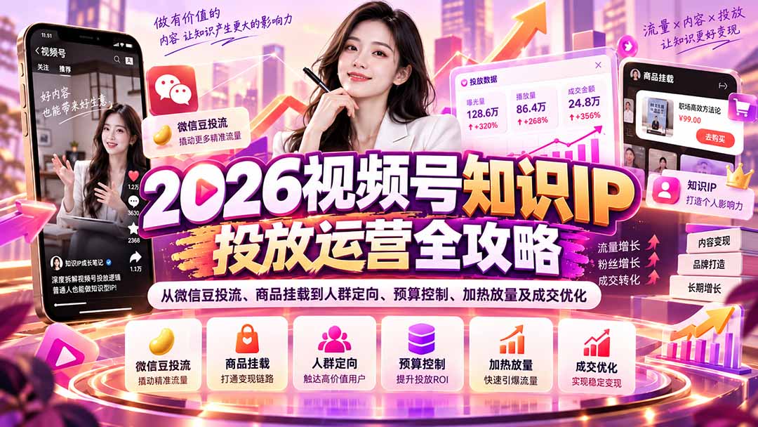 2026视频号知识IP投放运营全攻略:从微信豆投流、商品挂载到人群定向、预算控制、加热放量及成交优化-资源宝库