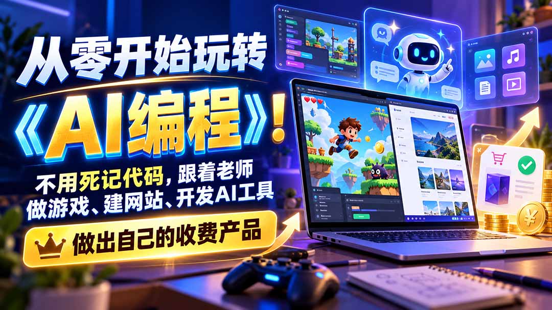 从零开始玩转《AI编程》！不用死记代码，跟着老师做游戏、建网站、开发AI工具，最后完成自己的收费产品-资源宝库