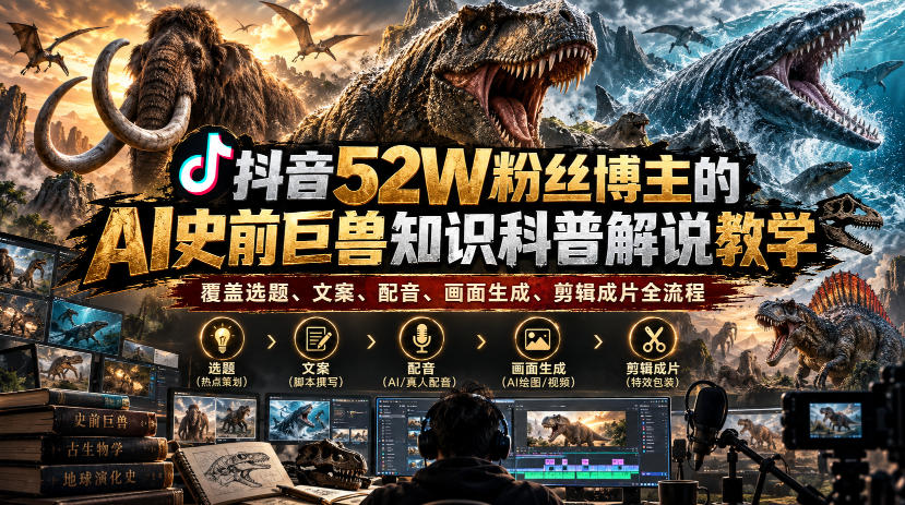 抖音52W粉丝博主的AI史前巨兽知识科普解说教学，覆盖选题、文案、配音、画面生成、剪辑成片全流程-资源宝库