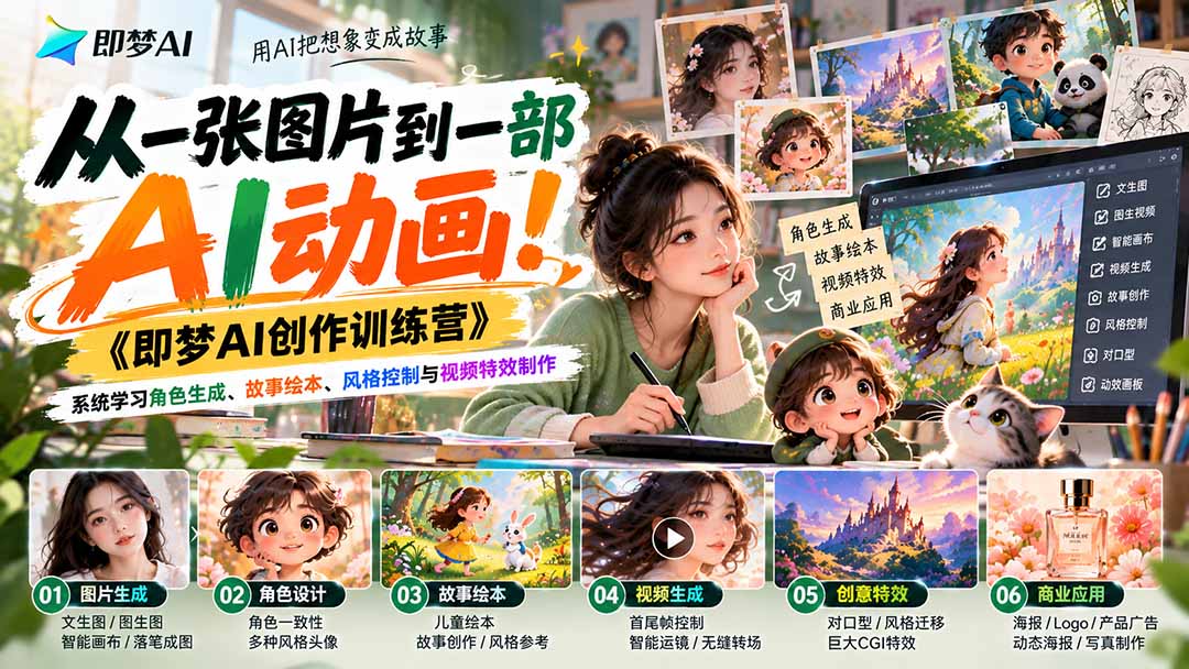 【无水印】从一张图片到一部AI动画！《即梦AI创作训练营》系统学习角色生成、故事绘本、风格控制与视频特效制作-灼光资源宝库