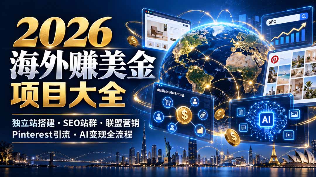 2026海外赚美金项目大全:独立站搭建、SEO站群、联盟营销、Pinterest引流与AI变现全流程-资源宝库