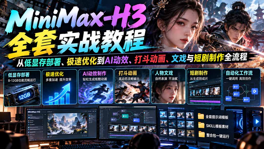 MiniMax-H3全套实战教程：从低显存部署、极速优化到AI动效、打斗动画、文戏与短剧制作全流程-资源宝库