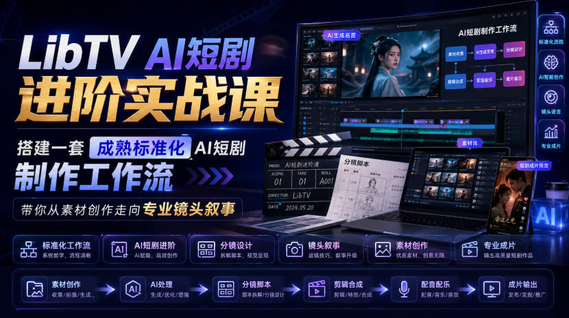 LibTV AI短剧进阶实战课,搭建一套成熟标准化AI短剧制作工作流,带你从素材创作走向专业镜头叙事(更新)-资源宝库