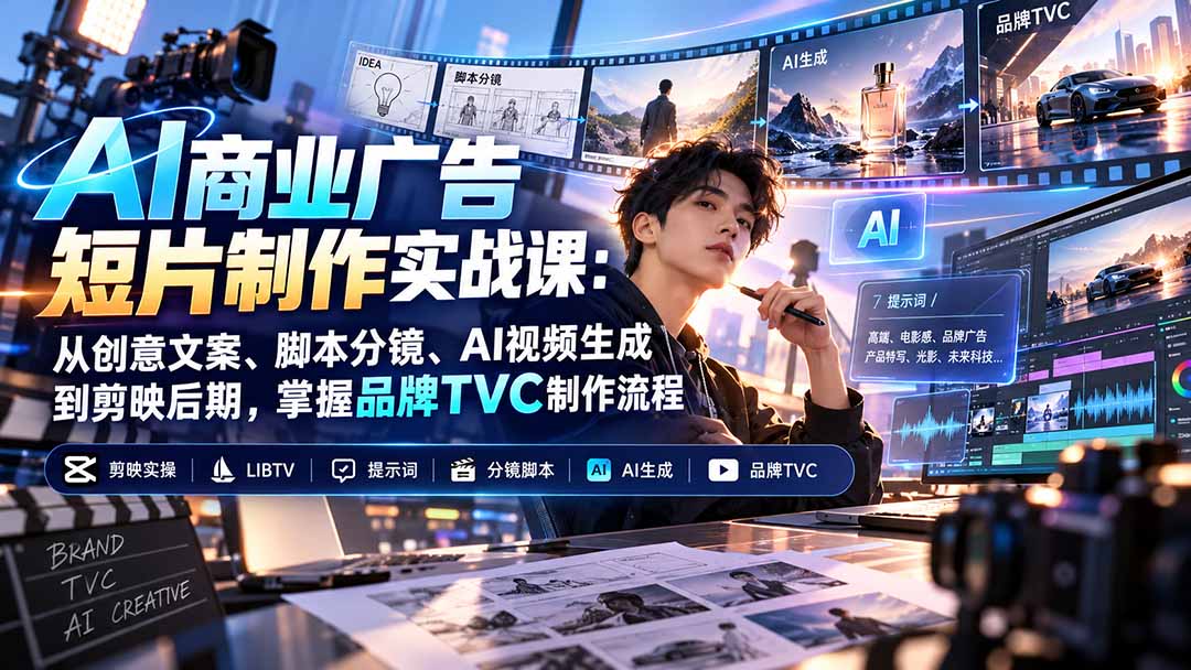 AI商业广告短片制作实战课:从创意文案、脚本分镜、AI视频生成到剪映后期,掌握品牌TVC制作流程-资源宝库