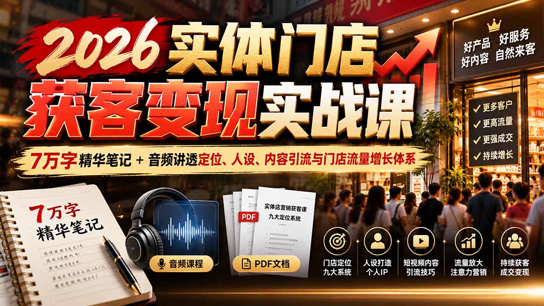 2026实体门店获客变现实战课:7万字精华笔记+音频讲透定位、人设、内容引流与门店流量增长体系-资源宝库