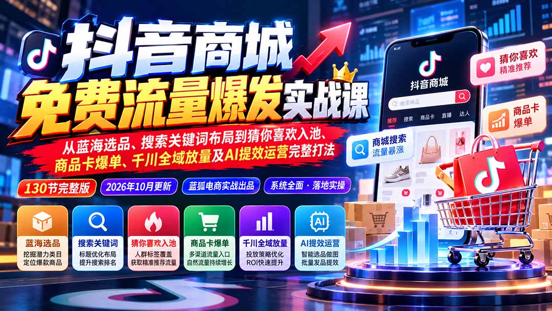 抖店城免费流量爆发实战-更新：蓝海选品、搜索关键词布局到猜你喜欢入池、商品卡爆单、千川全域放量及AI提效完整打法-灼光资源宝库