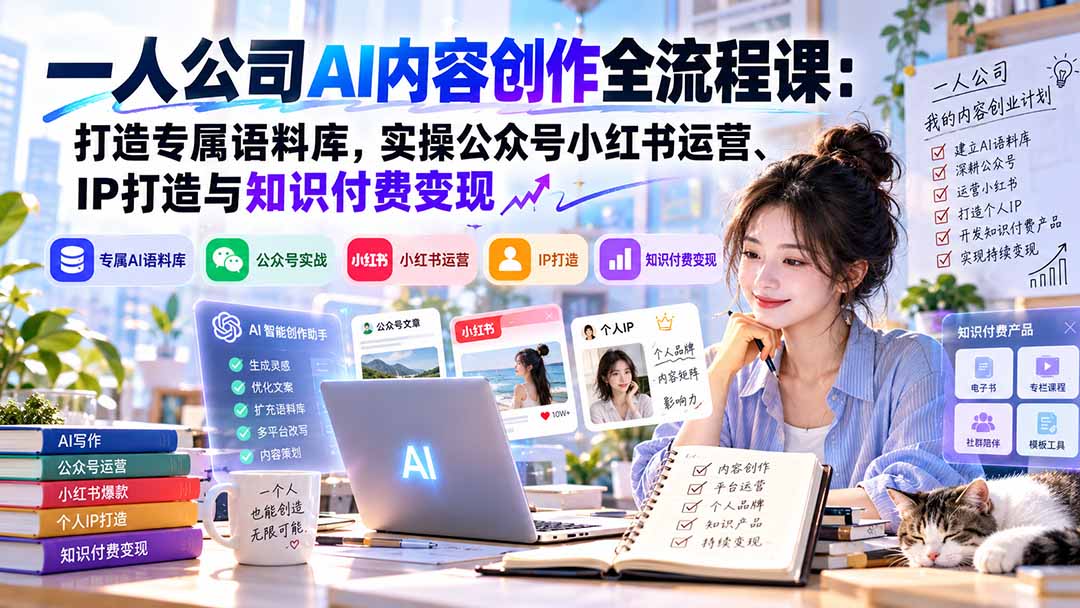 一人公司AI内容创作全流程课:打造专属语料库,实操公众号小红书运营、IP打造与知识付费变现方法论-资源宝库