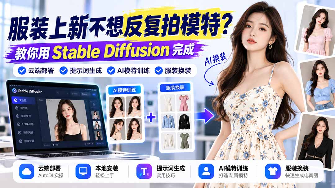 服装上新不想反复拍模特?教你用Stable Diffusion完成云端部署、提示词生成、AI模特训练与换装-资源宝库