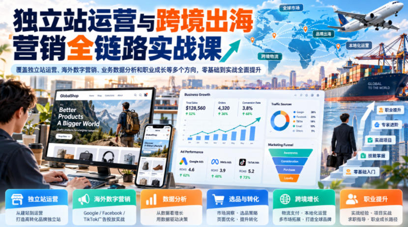 独立站运营与跨境出海营销全链路实战课,覆盖独立站运营、海外数字营销、业务数据分析和职业成长等多个方向,零基础到实战全面提升-资源宝库