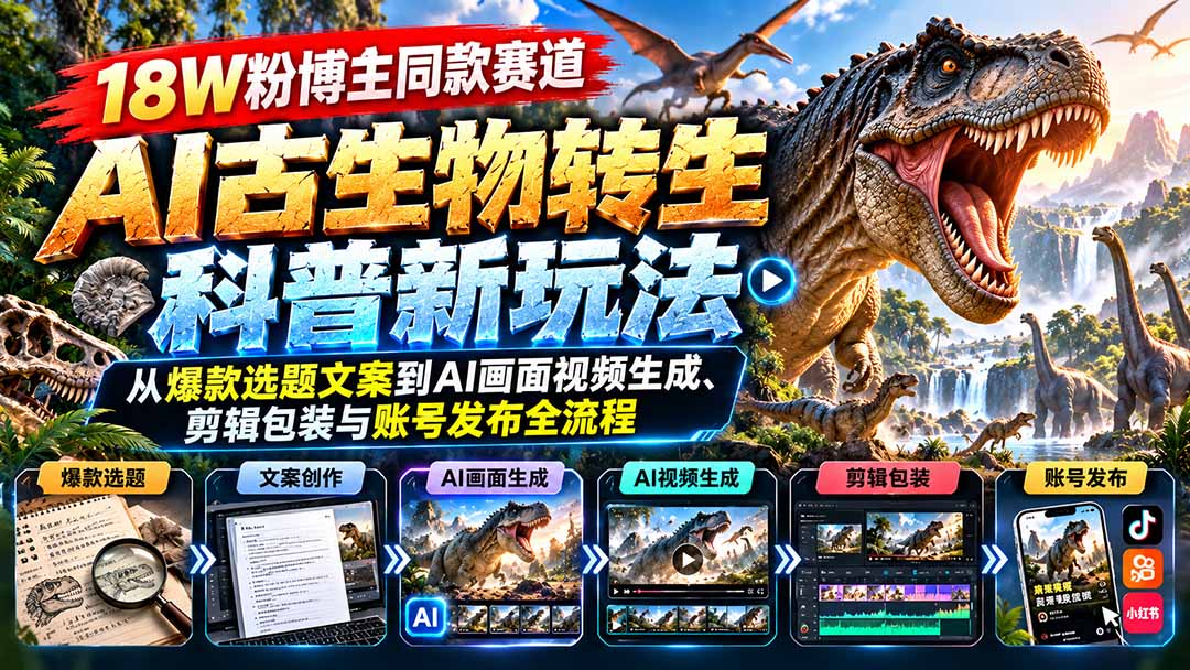 18W粉博主同款赛道-AI古生物转生科普新玩法:从爆款选题文案到AI画面视频生成、剪辑包装与账号发布全流程-资源宝库