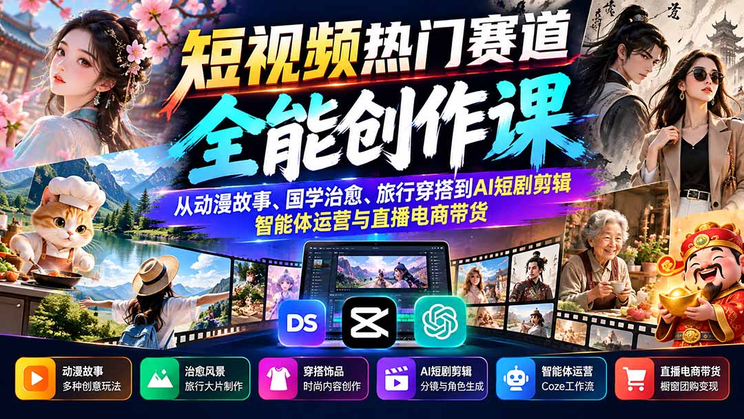 短视频热门赛道全能创作课：从动漫故事、国学治愈、旅行穿搭到AI短剧剪辑、智能体运营与直播电商带货-资源宝库